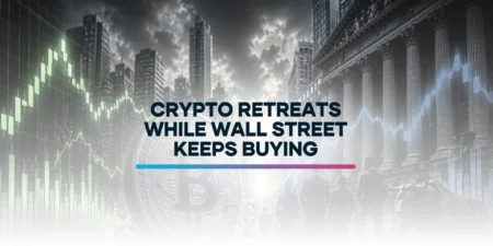 Golden Bitcoin coin surrounded by green and red market charts, business professionals, and a Wall Street bull statue representing crypto market volatility and institutional investment.