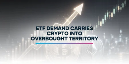 Bitcoin and Ethereum coins with an upward market chart representing strong ETF-driven crypto demand and rising prices.