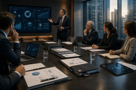 An investment committee meets in a modern corporate boardroom to review digital asset due diligence, governance documents, portfolio analytics, and compliance dashboards. Executives evaluate digital asset products using financial reports, laptops, and secure data visualisations in a professional institutional setting.