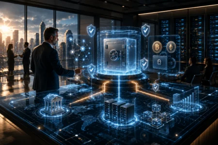 A senior executive reviews a sophisticated digital asset infrastructure displayed on a holographic command table in a modern corporate boardroom. A central digital vault is surrounded by blockchain networks, security shields, compliance indicators, cryptocurrency assets, data servers, and financial analytics, symbolizing AFSL licensing, custody, governance, and regulatory oversight for digital asset platforms.