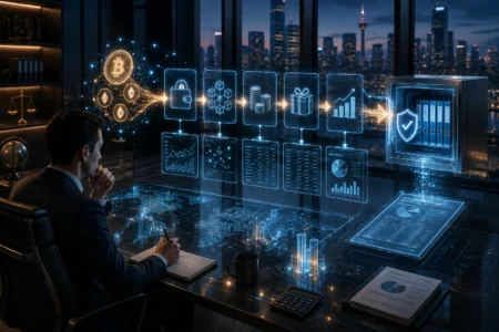 A financial professional reviews digital asset transaction data in a futuristic office as cryptocurrency holdings flow through secure record-keeping, tax reporting, compliance tracking, and audit-ready documentation systems.