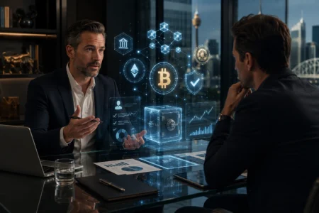 A professional financial adviser meets with a client in a modern corporate office while reviewing digital asset opportunities. Holographic blockchain graphics, cryptocurrency symbols, security shields, compliance indicators, portfolio charts, and a digital vault float above a glass desk, representing digital asset due diligence, custody, regulation, and best interests obligations in financial advice.