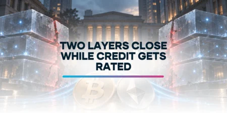 Bitcoin and Ethereum coins in front of a digital vault, with closing blockchain layers, blue inflow streams, and red risk accents.