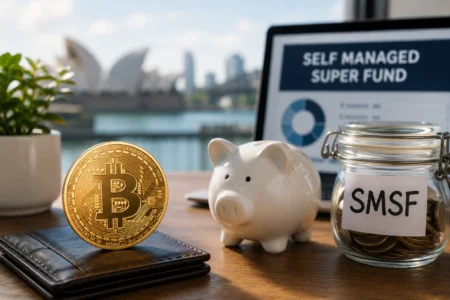 Bitcoin with piggy bank and documents
