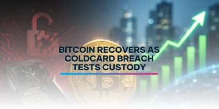 A gold Bitcoin coin beside a damaged hardware wallet with a rising market chart and digital network background, representing cryptocurrency recovery and custody security risks.
