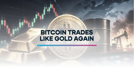 Bitcoin coin and gold bars beside an oil barrel with financial market charts