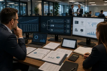 Two financial professionals review digital asset transaction records, tax documentation, and compliance reports in a modern boardroom. Multiple screens display transaction pathways, capital gains calculations, portfolio analytics, and regulatory oversight dashboards related to digital asset taxation and reporting.