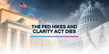 Bitcoin coin in front of the Federal Reserve and U.S. Capitol with market charts, representing the Fed rate hike and Clarity Act setback.