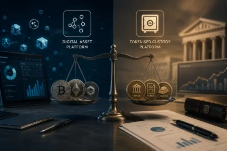 A professional financial concept illustrating the distinction between a digital asset platform and a tokenised custody platform. A balanced scale separates cryptocurrency infrastructure from tokenised financial assets, with corporate workspaces, investment reports, security elements, and institutional finance environments representing different platform categories under the Digital Assets Framework.
