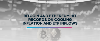 Bitcoin chart showing price reaching $124K alongside Ethereum’s climb toward record highs amid strong ETF inflows.