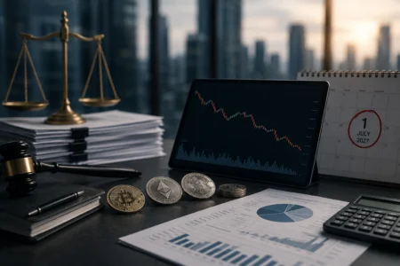 A modern financial workspace featuring cryptocurrency coins, legal documents, investment reports, a calculator, and a tablet displaying a market chart. A calendar highlighting July 2027 symbolizes upcoming capital gains tax changes affecting long-term digital asset investors.