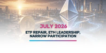 A futuristic digital asset cityscape featuring a glowing Ethereum crystal and a recovering Bitcoin monument connected by illuminated bridges and capital flow pathways, symbolizing ETF-driven crypto market recovery and Ethereum's leadership.