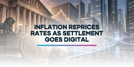 Bitcoin and Ethereum coins before bank buildings, with an amber market curve and blue digital settlement rails.