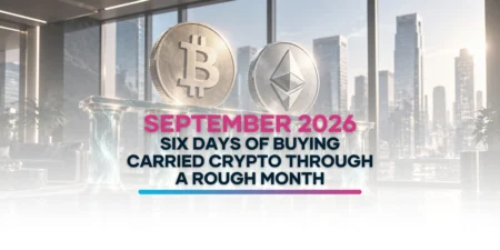 Bitcoin and Ethereum coins atop six glowing glass pillars in a modern corporate office overlooking a city skyline.