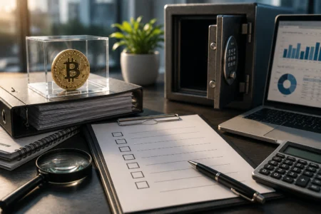 Financial audit workspace featuring a Bitcoin in a display case, compliance checklist, calculator, documents, and a secure safe, representing the auditing of digital asset holdings within an SMSF.