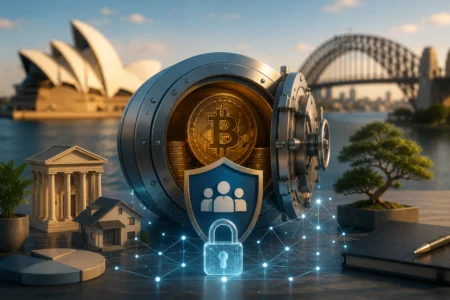 A secure cryptocurrency storage concept featuring a Bitcoin inside a vault protected by a digital security shield and blockchain network, symbolising crypto custody and asset protection for SMSF investors in Australia.
